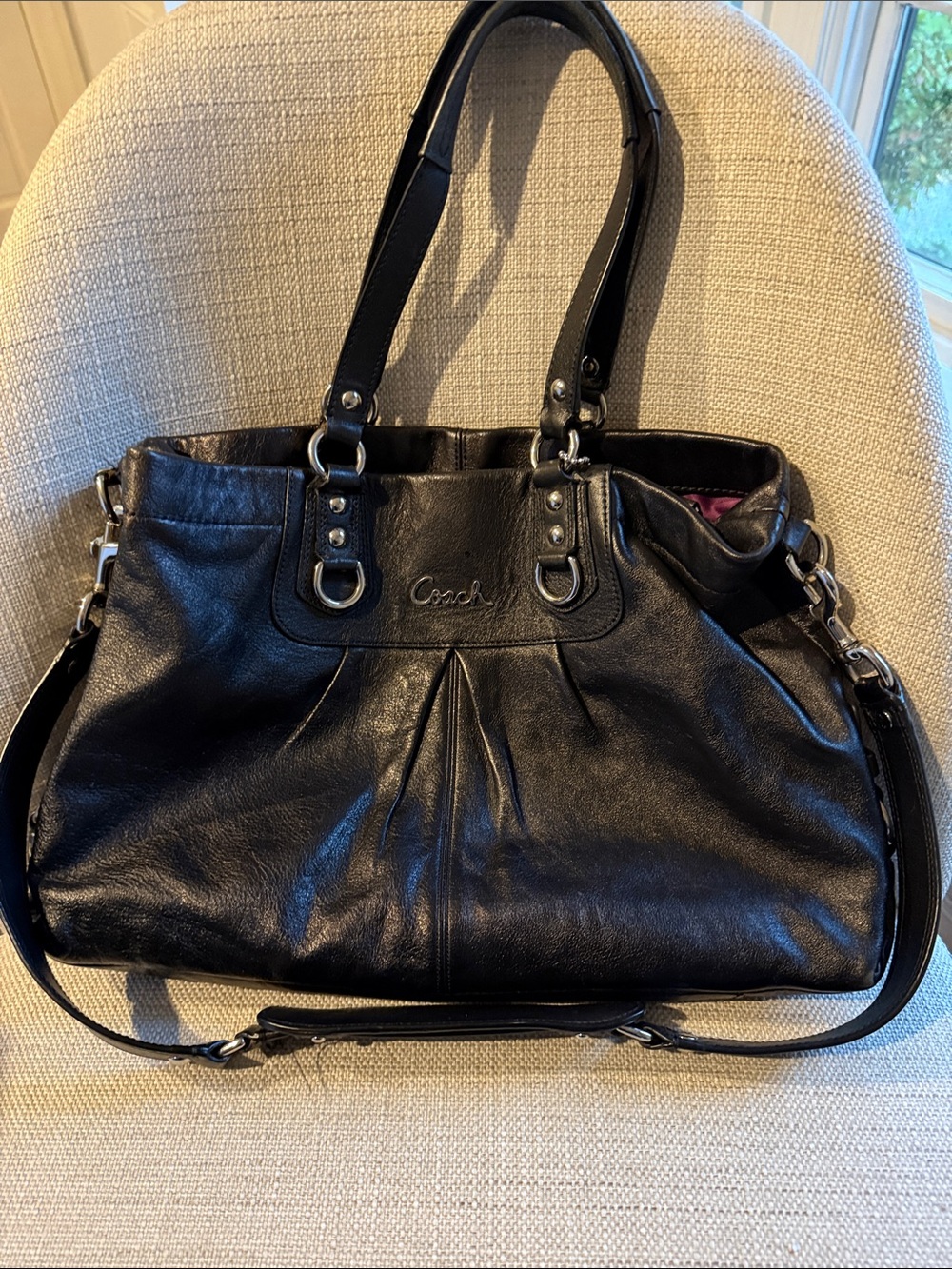 Coach Ashley Black Leather Shoulder Tote with Detachable Strap